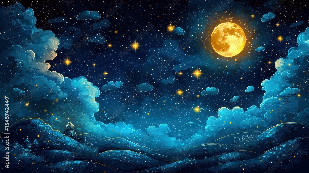 Fototapeta premium A beautiful starry night scene with full moon and clouds