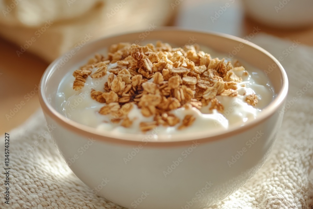 Creamy yogurt adorned with crunchy granola served in a rustic bowl on a sunlit kitchen table Creamy yogurt adorned with crunchy granola served in a rustic bowl on a sunlit kitchen table