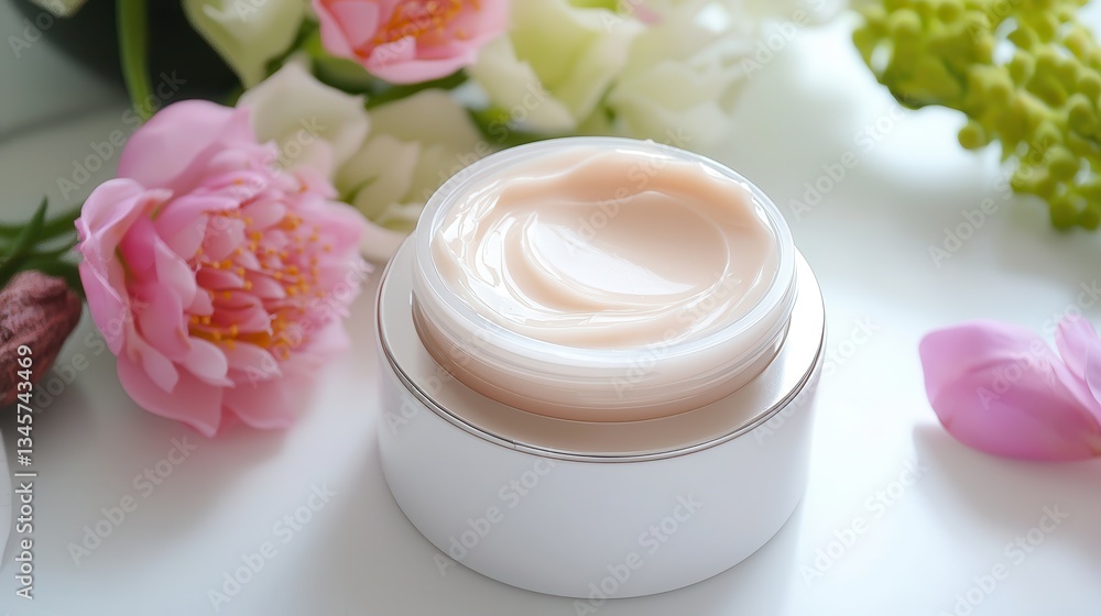 Shea butter moisturizing cosmetic beauty. Luxurious cream in a jar surrounded by fresh flowers. Shea butter moisturizing cosmetic beauty. Luxurious cream in a jar surrounded by fresh flowers.