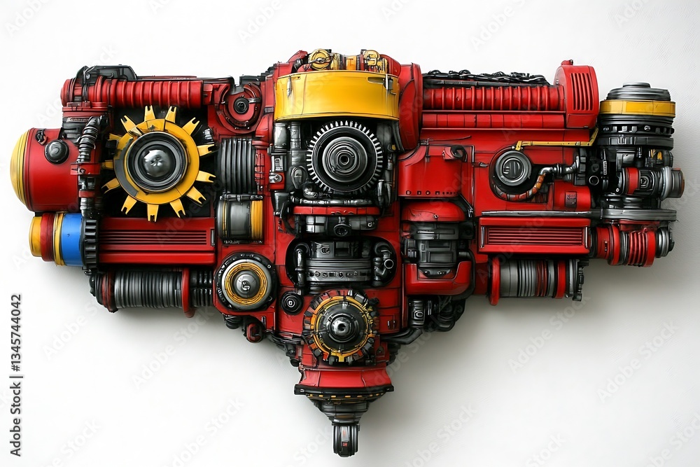 Fototapeta premium Complex red and yellow mechanical device with intricate details is shown