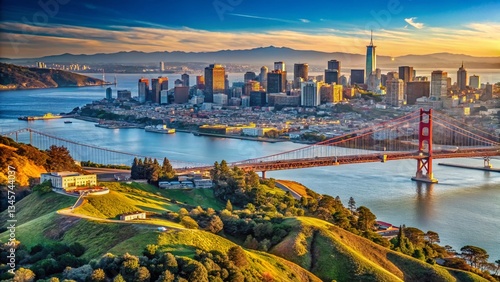 San Francisco Cityscape Panorama: Aerial View of Iconic Skyline and Bay
