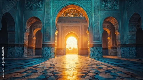 Sunset illuminating Moroccan palace courtyard arches