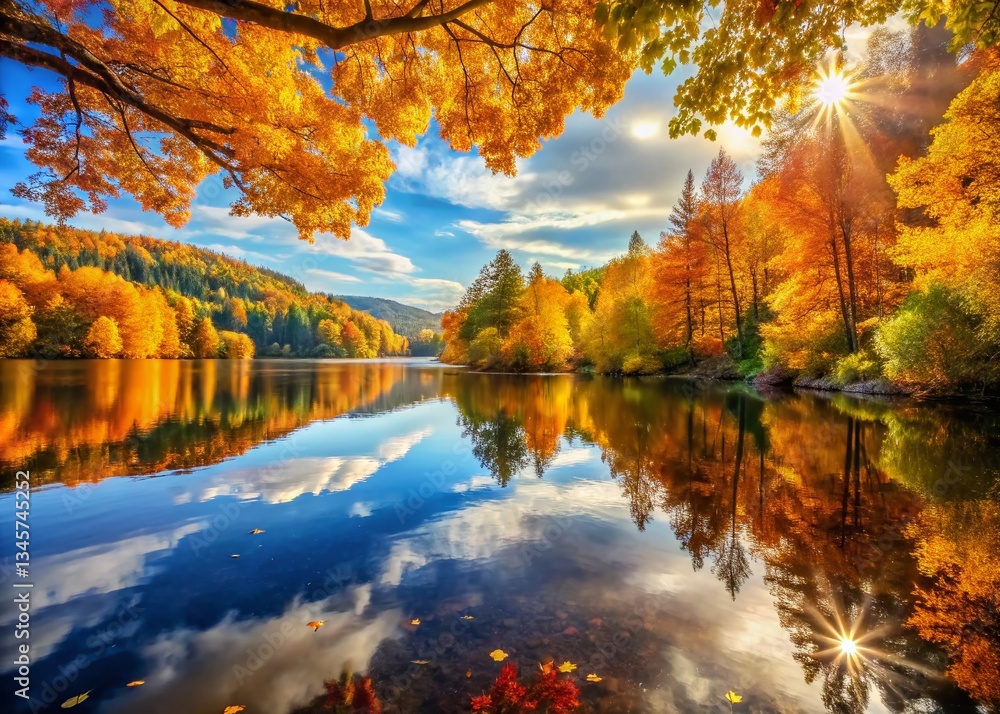 Obraz premium Serene Autumn Landscape: Golden Leaves Reflecting Life's Journey