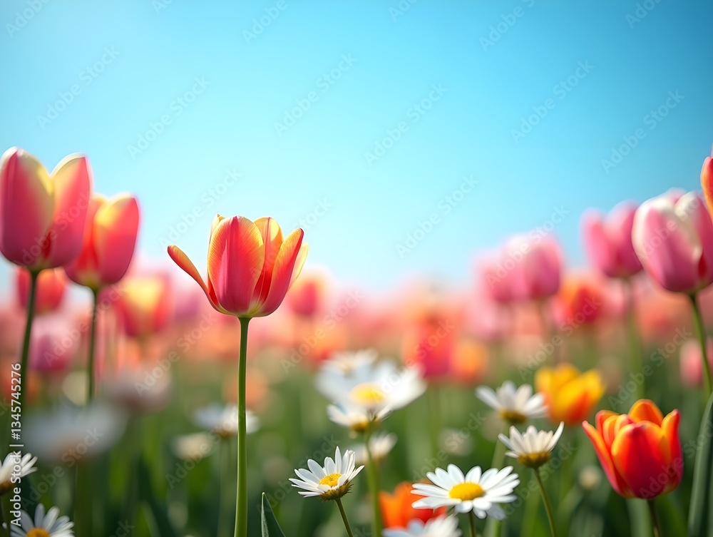 Expansive wildflower meadow showcasing vibrant pastel tulips and daisies under a bright blue sky during springtime blooms Expansive wildflower meadow showcasing vibrant pastel tulips and daisies under a bright blue sky during springtime blooms