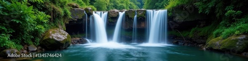 Serene waterfall cascades down, isolated on black , mountain, black background, downward