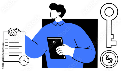 Businessperson holding checklist and tablet, with key, clock, and dollar sign for themes thumbs up efficiency, goals, and finance. Ideal for leadership, planning, strategy time management