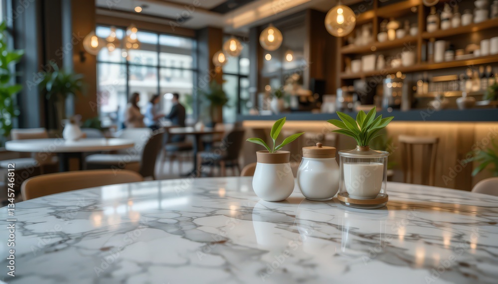 Serene Cafe Interior: Marble Table, Plants, and Blurred Background Serene Cafe Interior: Marble Table, Plants, and Blurred Background