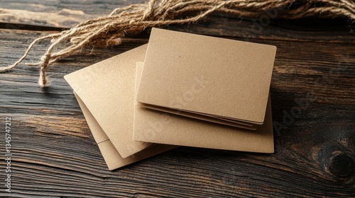 sustainable business cards made from recycled paper stacked on a wooden surface, showcasing eco-friendly and minimalistic design
