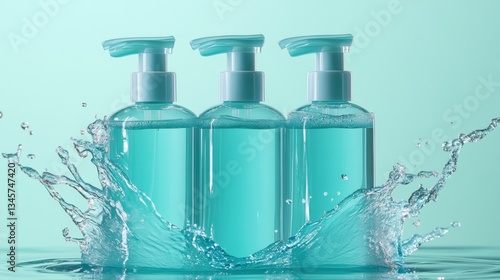 Refillable shampoo bottles are being cleaned in water, showcasing sustainability and eco-friendly practices for personal care products