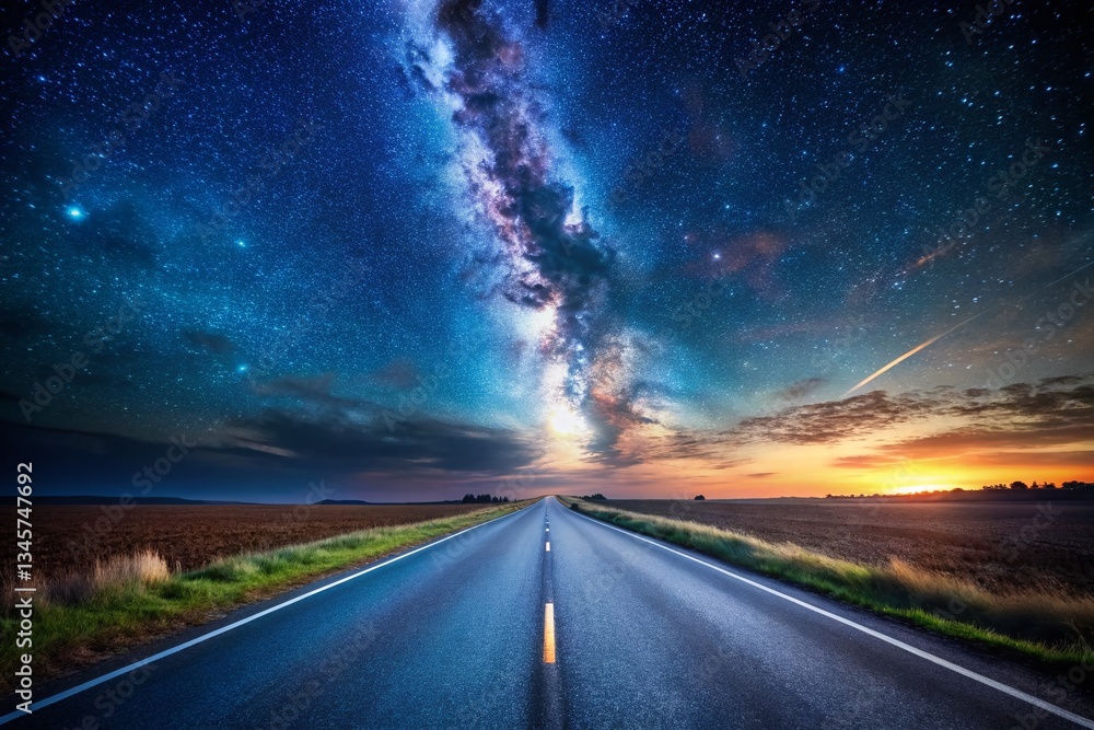 Naklejka premium Serene Night Road: Starry Sky Above Asphalt Highway