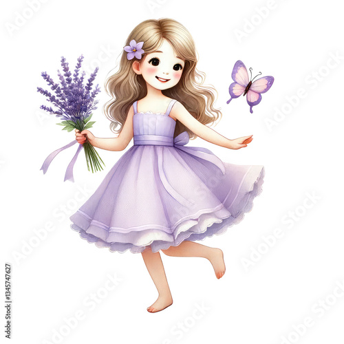 A cheerful girl in a lavender dress holds a bouquet of lavender and plays with a butterfly.