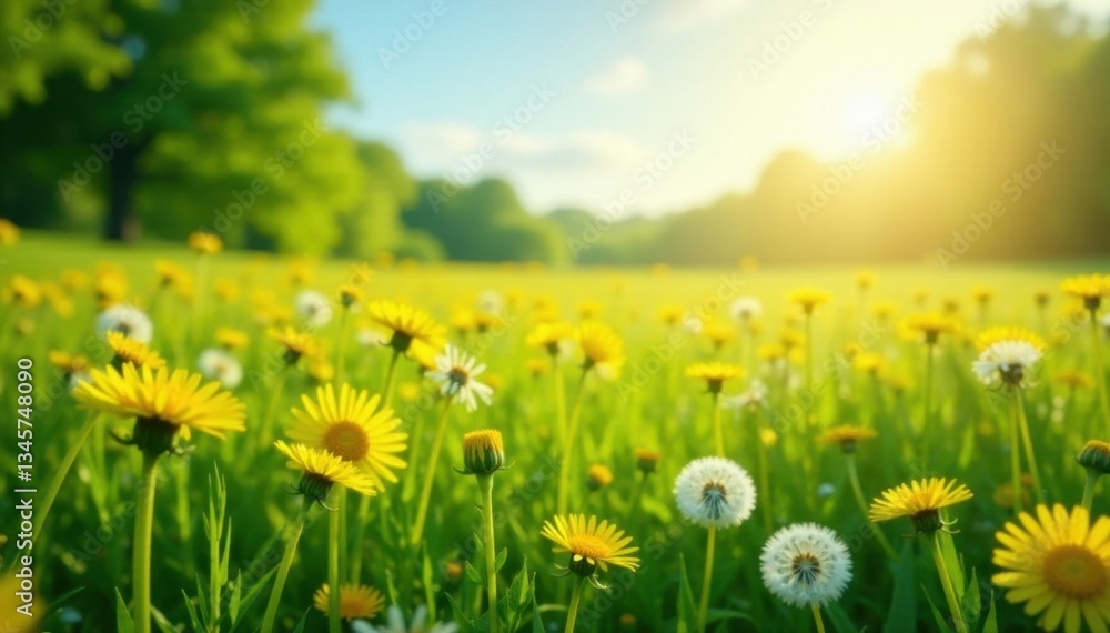 Sunlit green field, abundant yellow and white dandelions , cheerful, background Sunlit green field, abundant yellow and white dandelions , cheerful, background