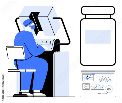 Lab technician operating advanced equipment, large medicine bottle, data screen. Ideal for healthcare, research, biotechnology, science, data analysis medicine innovation. Flat simple metaphor