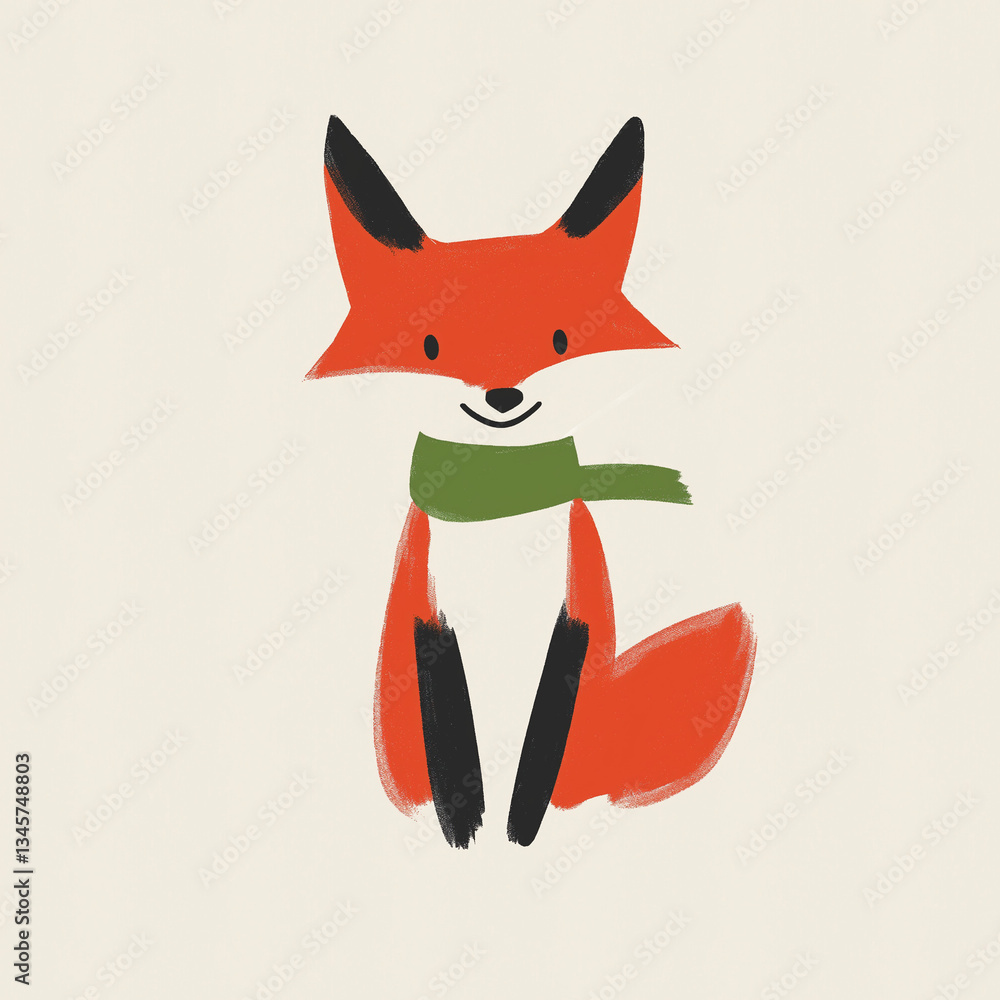 Obraz premium Charming Minimalist Illustration of a Friendly Fox with Green Scarf, Hand-Drawn Cute Animal Character Ideal for Children's Designs, Nursery Decor, and Creative Projects
