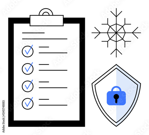 Checklist on clipboard with blue check marks, snowflake indicating seasonal element, and shield with lock for security. Ideal for productivity, organization, security, winter preparedness