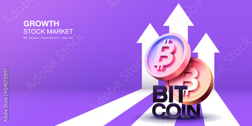 Crypto currency,3d vector Bitcoin with growth stock market. International stock exchange. Cripto currency uptrend