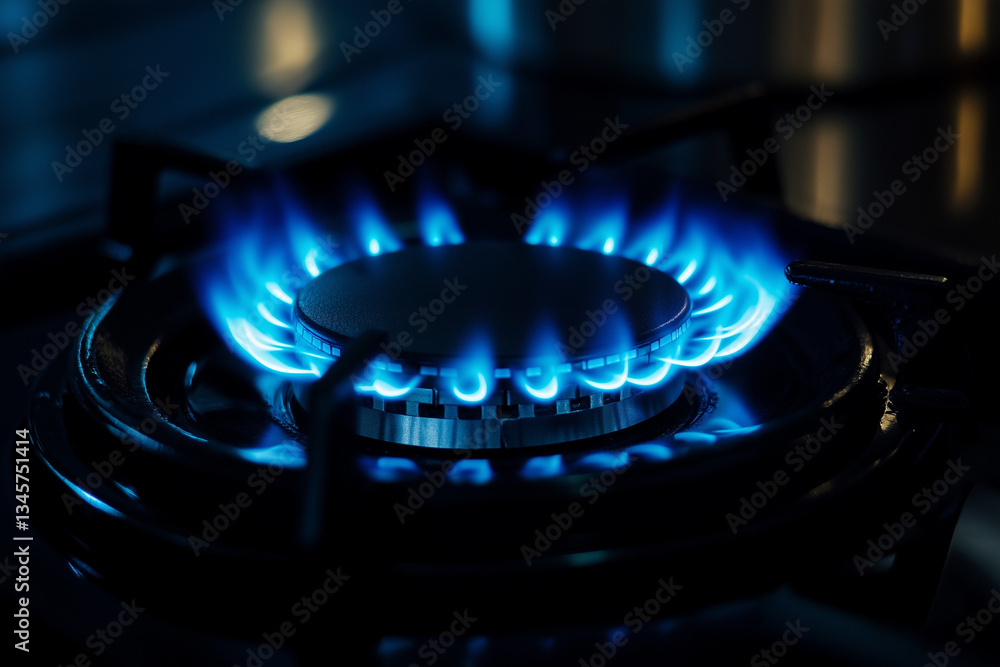 Blue flame from a gas stove on a white kitchen counter Blue flame from a gas stove on a white kitchen counter