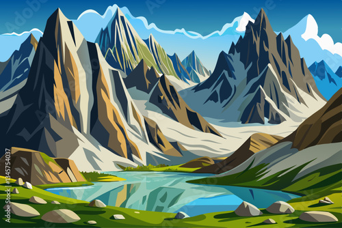beautiful hill in alp mountains with lake cartoon background