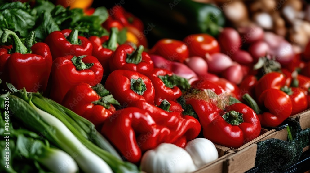 Fresh, vibrant produce displays a bounty of colorful vegetables. Close-up view of peppers, tomatoes, onions, and leafy greens. Healthy and organic foods Fresh, vibrant produce displays a bounty of colorful vegetables. Close-up view of peppers, tomatoes, onions, and leafy greens. Healthy and organic foods