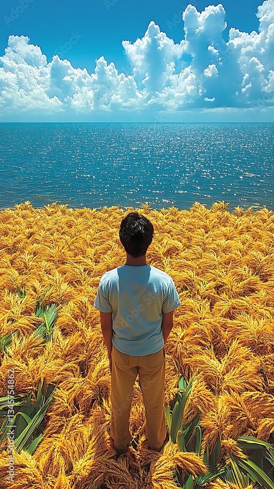 Fototapeta premium Man Contemplates Ocean View for Golden Field.