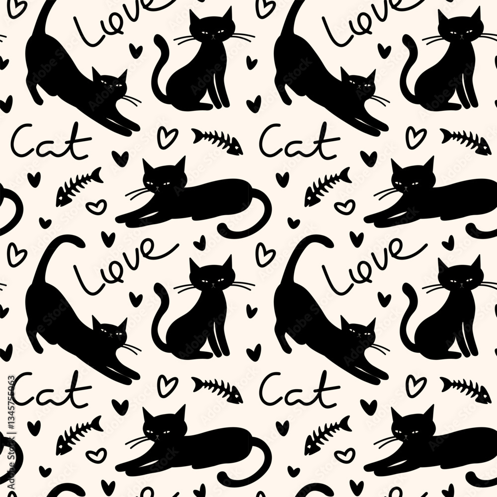 Black cat seamless vector pattern, design for textile print, wallpaper, decorations