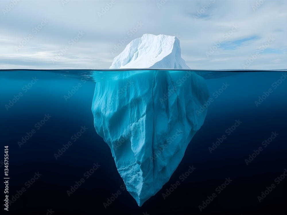 Obraz premium Iceberg in the ocean with a view under water. Crystal clear water. Hidden Danger And Global Warming Concept.