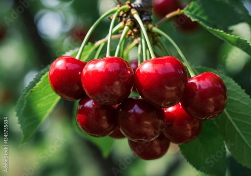 A bunch of ripe, red cherries hanging from a tree branch with green leaves. The glossy cherries shine in natural sunlight, symbolizing freshness, organic farming, and summer harvest in a lush orchard.