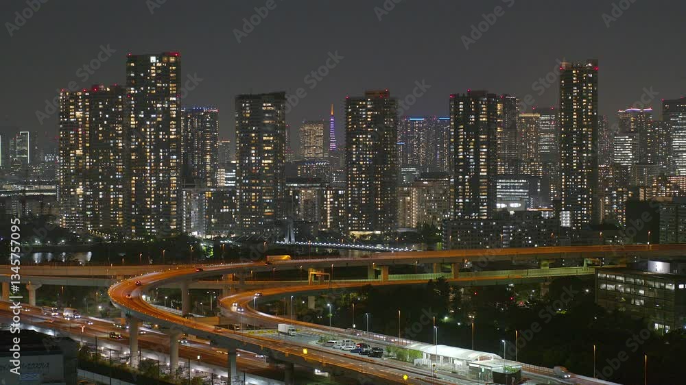 urban, nightscape, bayside, building, highway, bridge, car urban, nightscape, bayside, building, highway, bridge, car