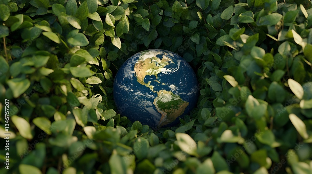 Earth Globe Nestled in Lush Green Foliage Nature 3D Life View Bush Leaf Plant World Image Earth Globe Nestled in Lush Green Foliage Nature 3D Life View Bush Leaf Plant World Image