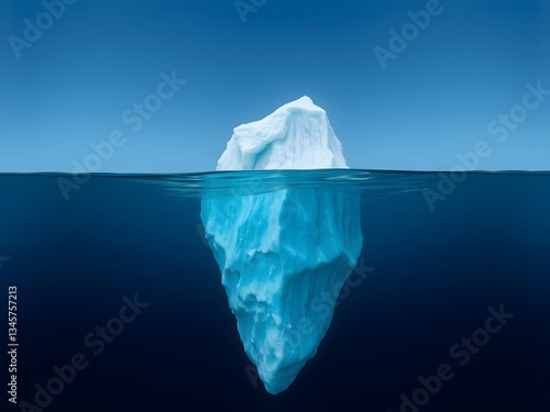 Iceberg in the ocean with a view under water. Crystal clear water. Hidden Danger And Global Warming Concept.