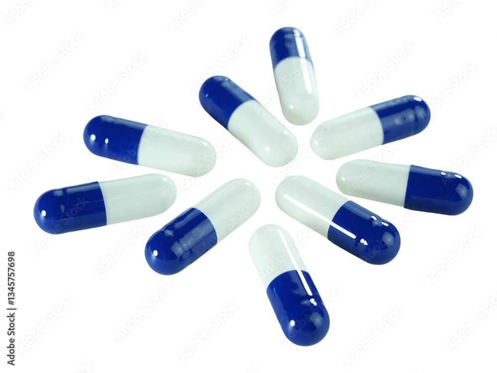 Bulk blue and white capsule pills isolated on white background. Bulk blue and white capsule pills isolated on white background.