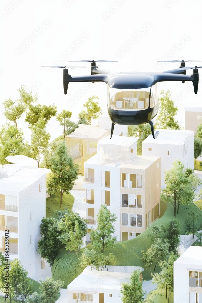 Obraz premium A sleek drone hovers above a futuristic city, showcasing innovative architecture and lush greenery. This image captures the essence of modern urban transport and sustainability.