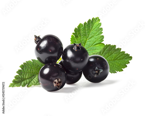 Blackcurrant berries with green leaves fresh organic fruit on a transparent background 