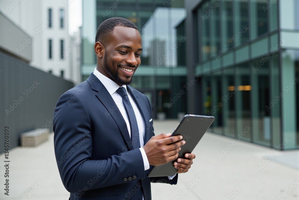 Confident African American Businessman in Formal Attire Using Tablet Outside Modern Office Building on a Bright Day Confident African American Businessman in Formal Attire Using Tablet Outside Modern Office Building on a Bright Day