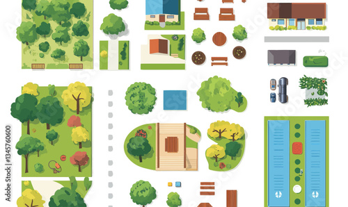 Minimalist Cityscape Vector: Trees, Homes, Roads, and Furniture Set