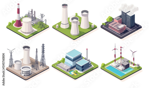 Isometric Industrial Energy Buildings with Green and Nuclear Power Plants Vector