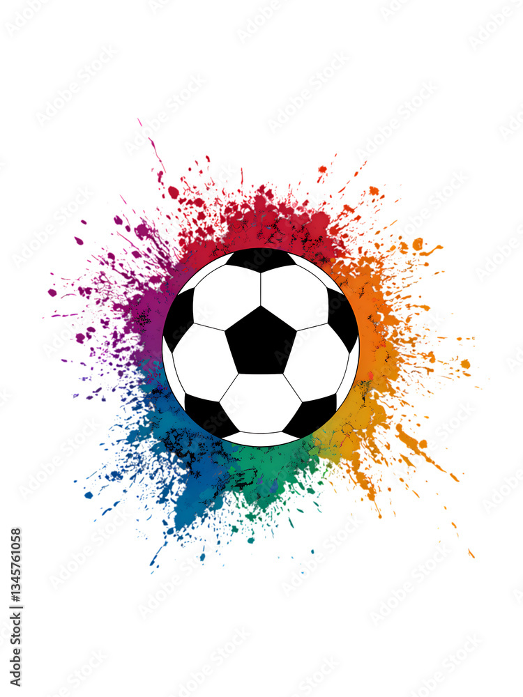 Fototapeta premium A vibrant soccer ball is centrally positioned against a dynamic backdrop of colorful, abstract paint splatters