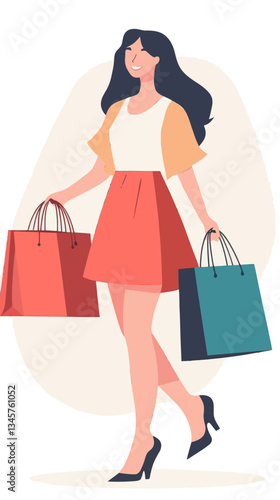 Fashionable Young Women Shopping with Stylish Clothes Packages, Vector Illustration
