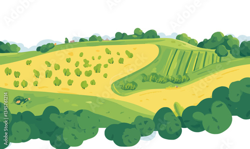Aerial View of Lush Green Agricultural Fields in Vector Illustration for Environmental Design