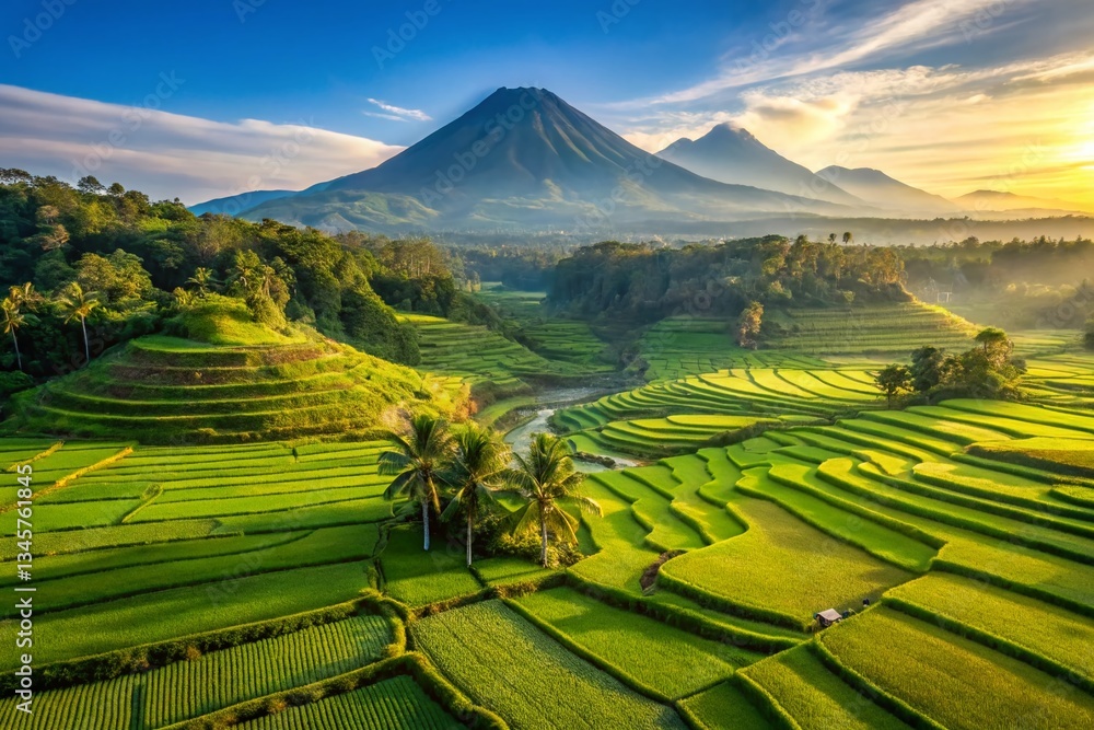 Obraz premium Stunning Aerial View of Indonesian Landscape: Lush Rice Terraces and Volcanic Peaks