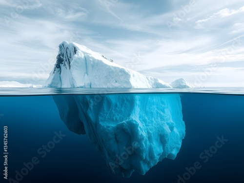 Iceberg in the ocean with a view under water. Crystal clear water. Hidden Danger And Global Warming Concept.