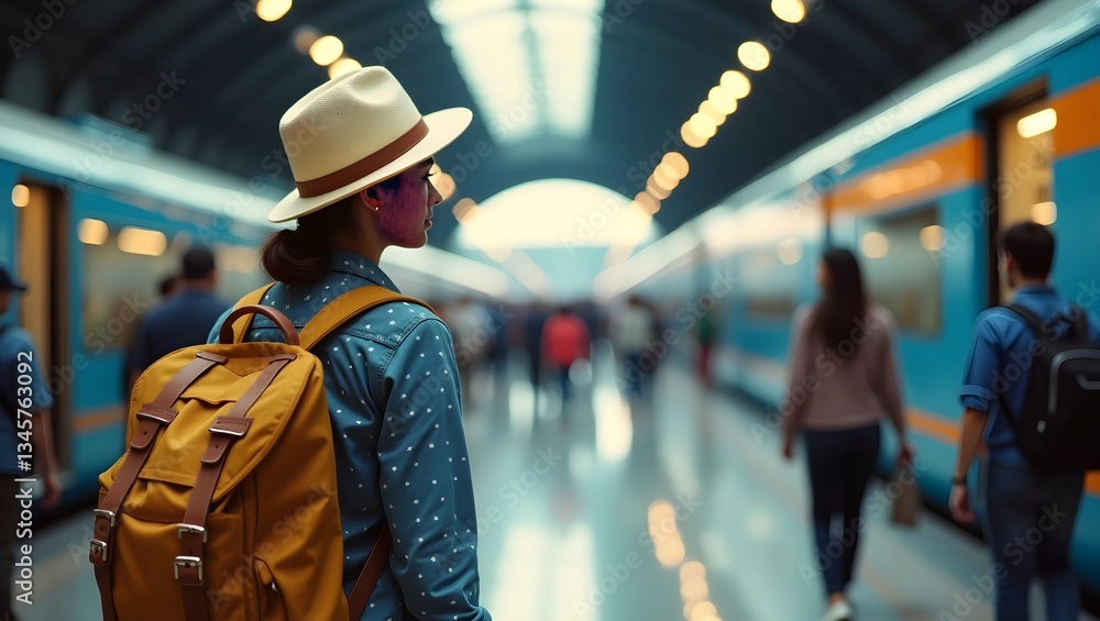 Ready for Adventure: Man with Backpack Awaiting the Train for His Journey Ready for Adventure: Man with Backpack Awaiting the Train for His Journey