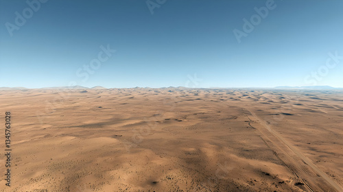 Aerial View of Expansive Desert Landscape with Blue Sky Horizon and Brown Terrain