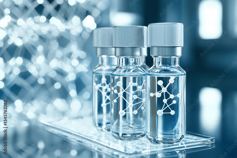 © Wimon - Smart nanotech-infused skincare vials resting on a sleek transparent platform, glowing molecular breakdowns dynamically shifting in a high-end biotechnology beauty lab