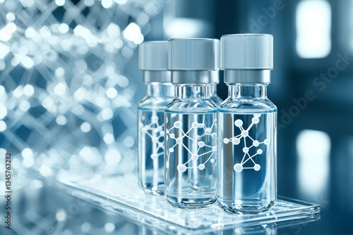Smart nanotech-infused skincare vials resting on a sleek transparent platform, glowing molecular breakdowns dynamically shifting in a high-end biotechnology beauty lab