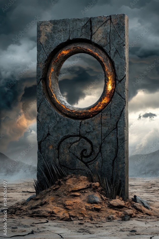 Fototapeta premium Fractured ground with glowing rune and mystical symbols beneath dark clouds in a harsh and deserted fantasy world marked by scorched terrain and a dramatic atmosphere.