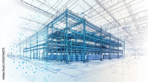 An architectural rendering depicts steel structure building plans and details