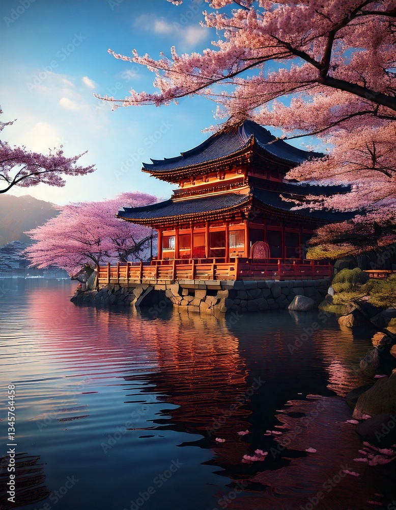 Naklejka premium A traditional Japanese pagoda with red accents stands on a small island in a calm lake, surrounded by blooming cherry blossom trees under a bright blue sky.