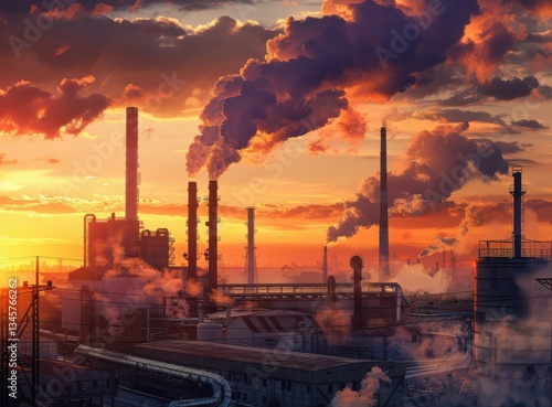 Smokestacks rising against a vivid sunset over an industrial plant in vibrant hues