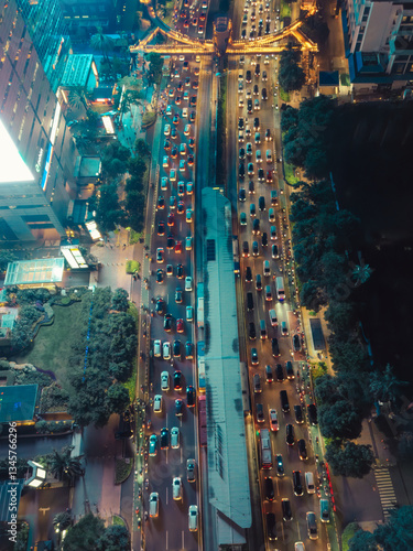 Night Cityscape with Busy Traffic and Illuminated Skyscrapers in Jakarta
